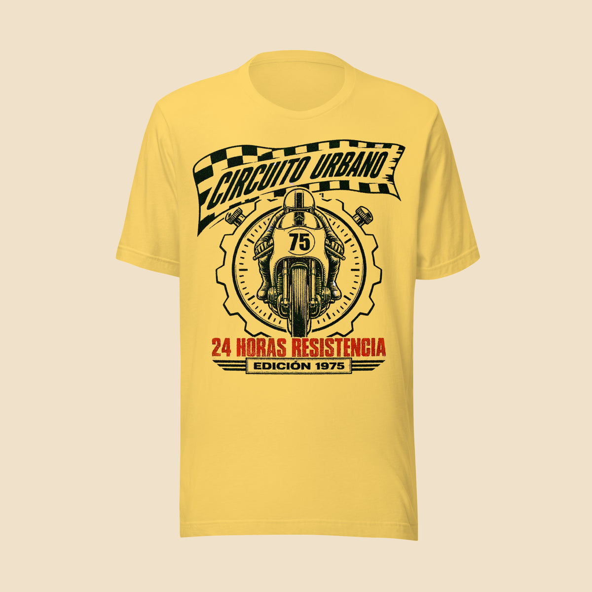 Camiseta de manga corta amarilla sobre superficie plana mostrando la ilustración mecánica vintage