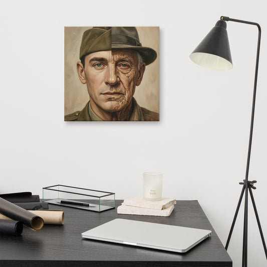Lienzo cuadrado con retrato vintage de un militar sobre un escritorio junto a objetos decorativos