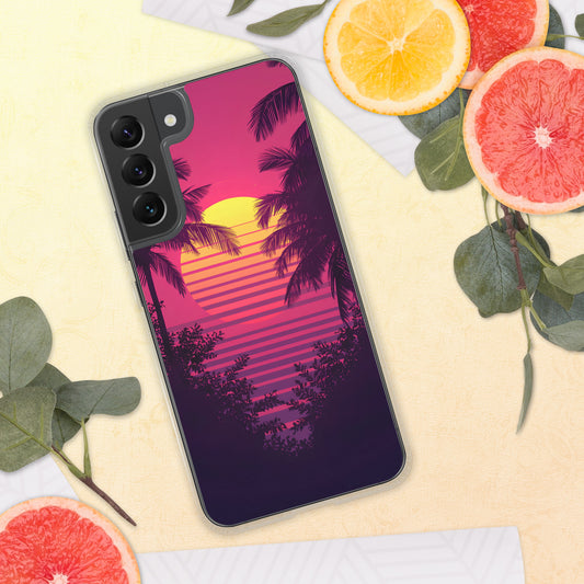 Funda de Samsung con ilustración de puesta de sol retro estilo años 80 junto a accesorios