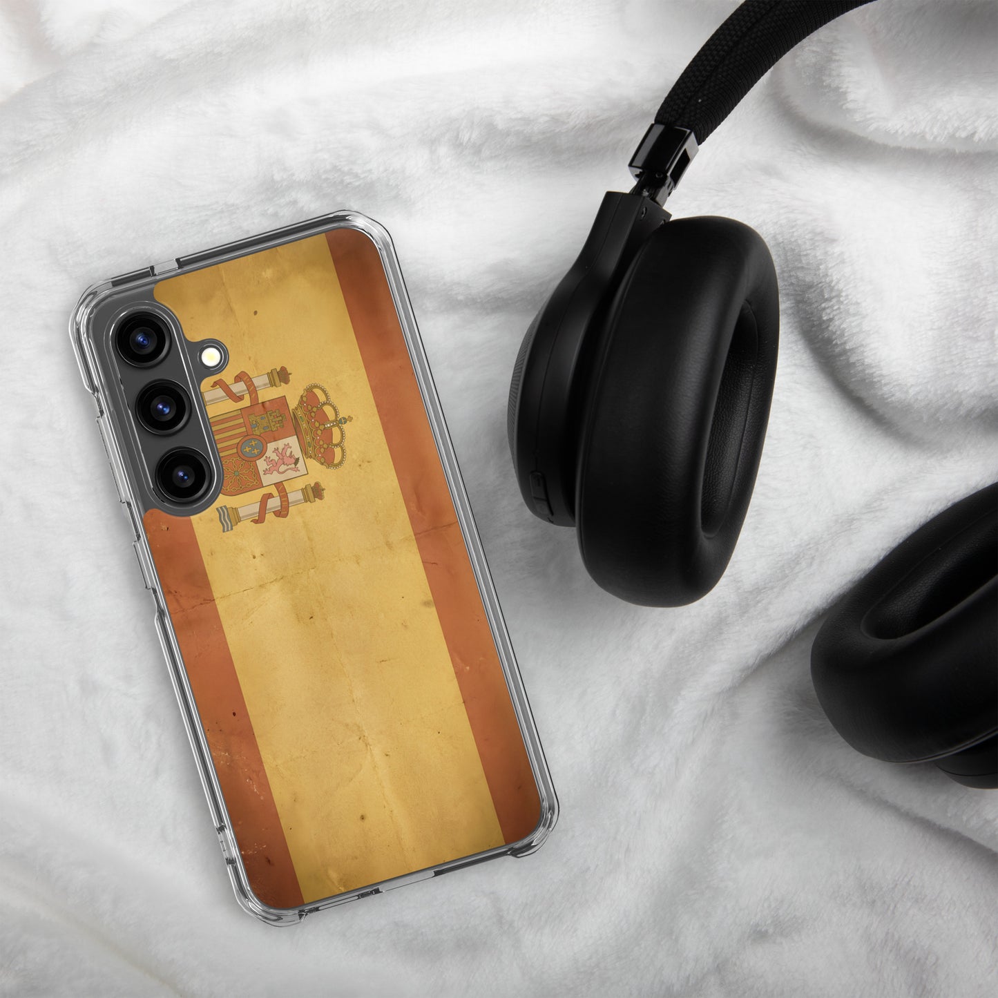 Detalle de funda transparente para Samsung con diseño vintage y acabado retro