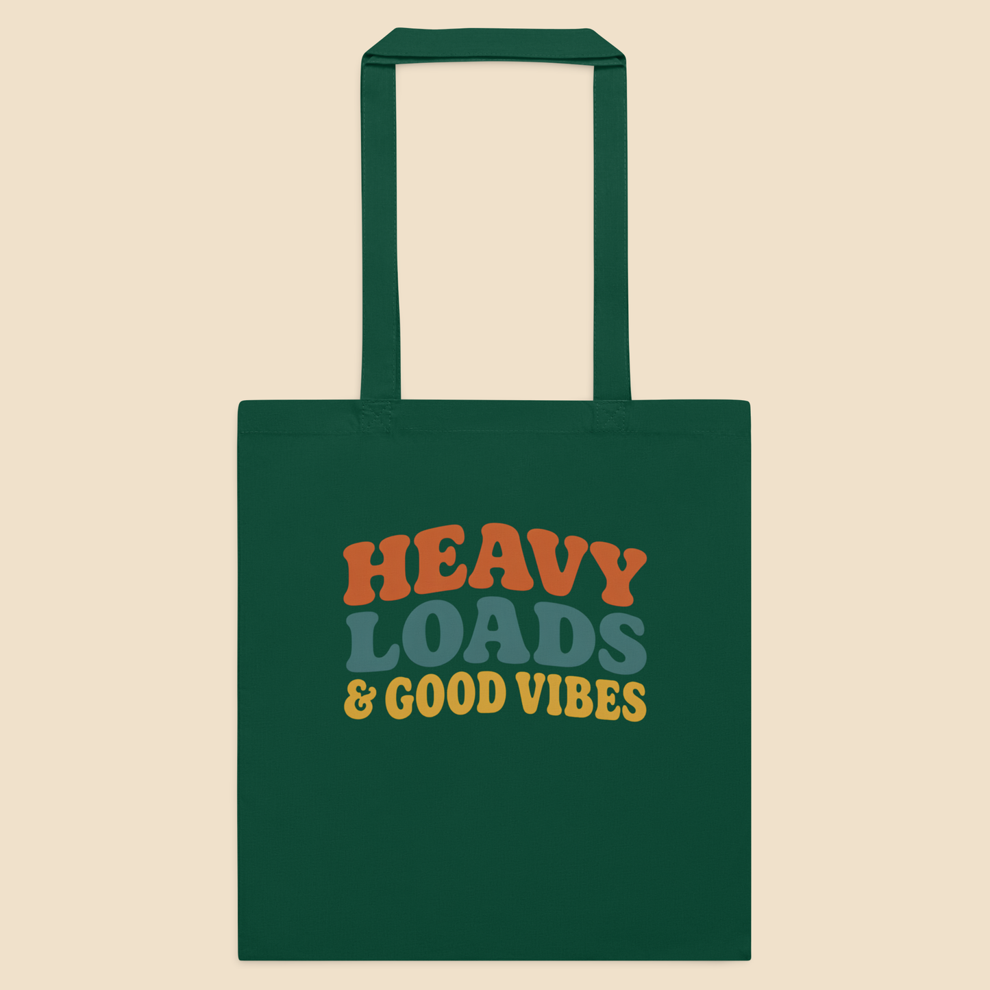 Bolsa de tela clásica en color verde botella con gráfico frontal de letras fluidas de los años 70.