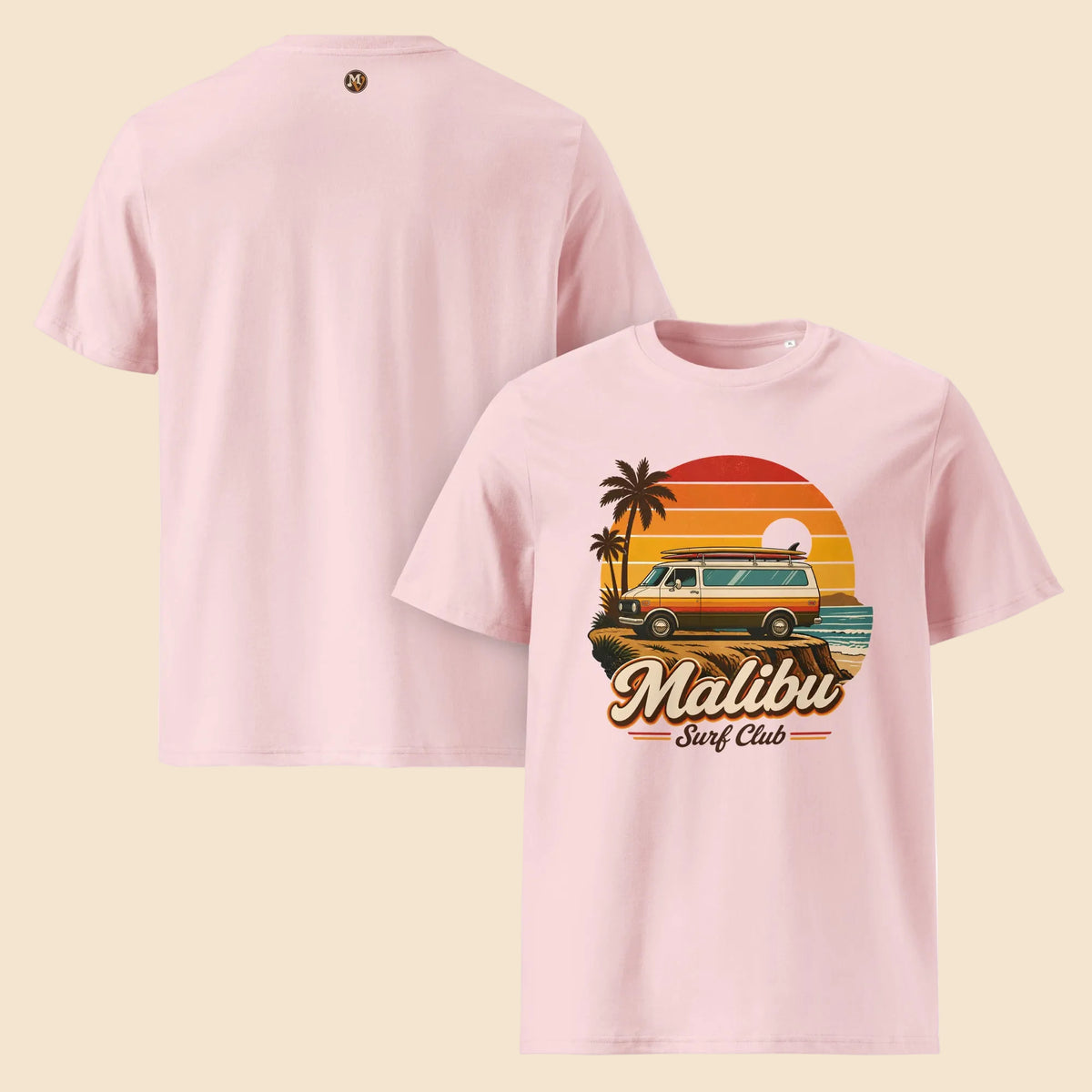 Camisetas rosa pastel de algodón sostenible con ilustración clásica de surf en Malibú