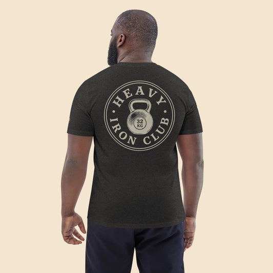 Vista trasera y ajuste de camiseta Heavy Iron Club colección Fitness Vintage