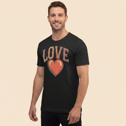 Persona mostrando camiseta negra con estampado Love vintage y diseño gráfico de corazón envejecido.