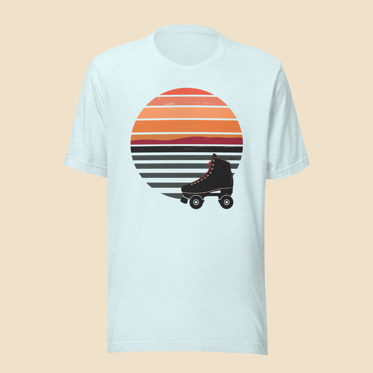 Camiseta azul claro con diseño retro de patín y atardecer inspirado en los años 70