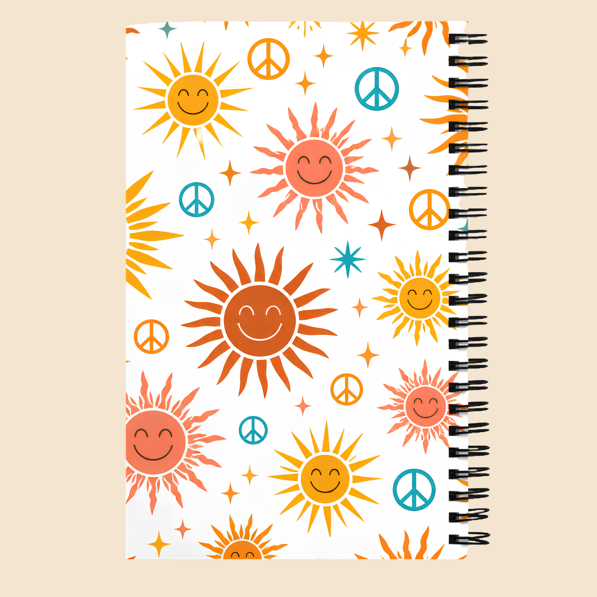 Portada completa de libreta de espiral con patrón de soles vintage y estética flower power años 70.