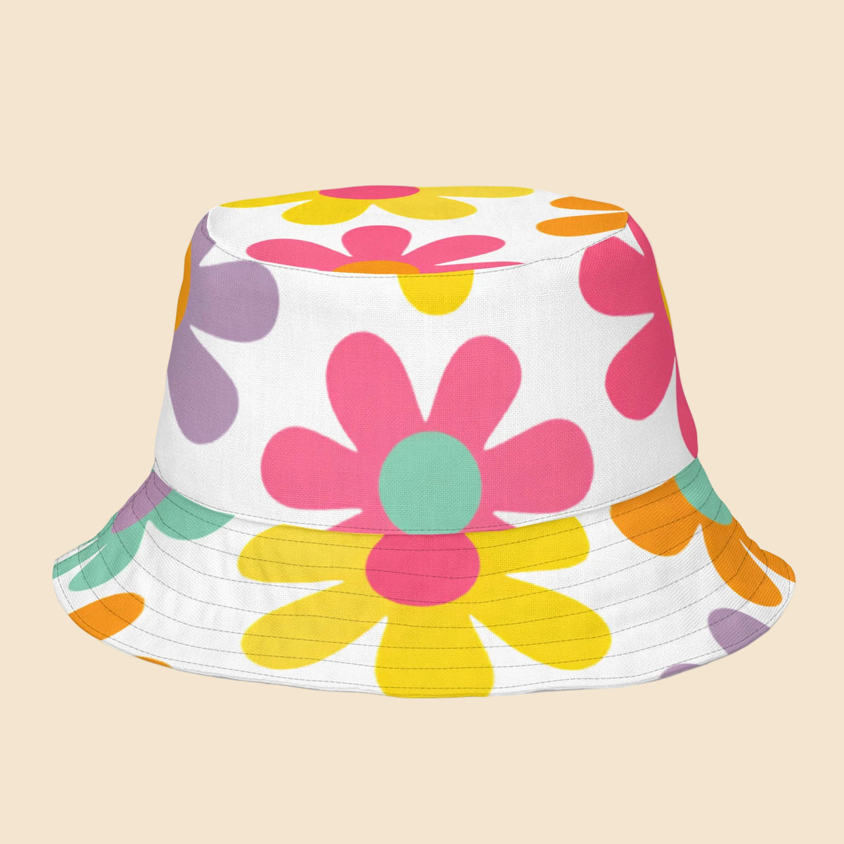 Gorro bucket reversible con estampado floral All Over Print de ondas arcoíris sobre fondo multicolor visto desde otro ángulo.