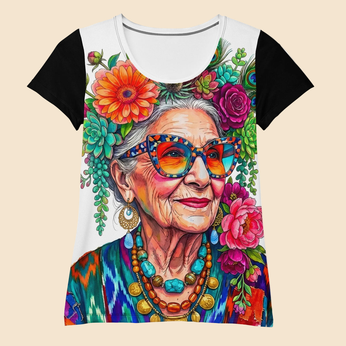 Camiseta femenina premium con mangas negras y estampado maximalista a todo color de una mujer mayor estilo boho hippie con flores.