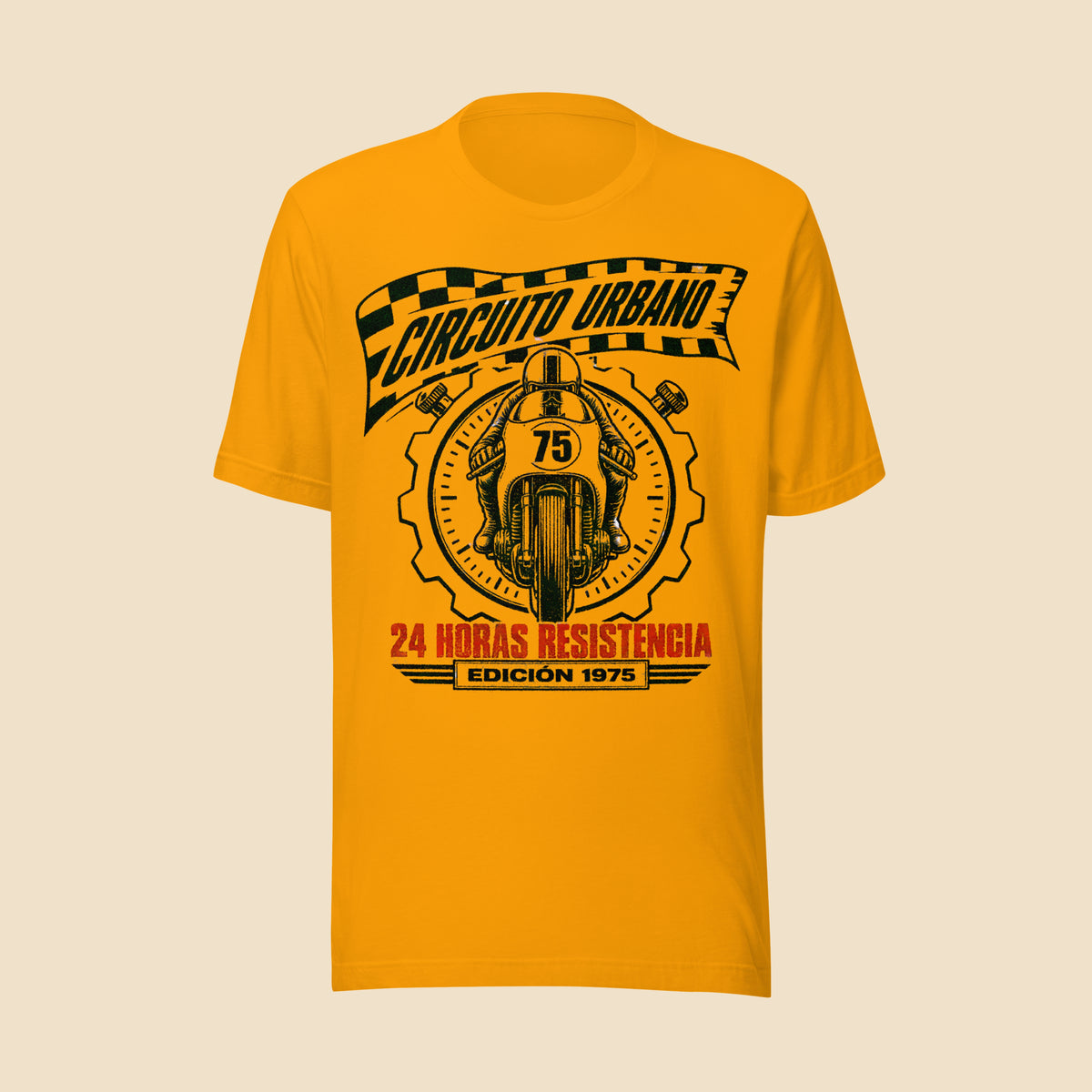 Camiseta de manga corta unisex en color oro con diseño frontal retro de motociclismo Circuito Urbano 1975.