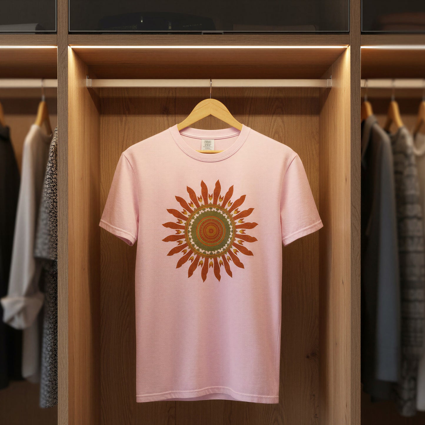  Camiseta rosa pastel colgada en un armario de madera vintage mostrando el diseño de sol retro y la estetica de marca independiente.