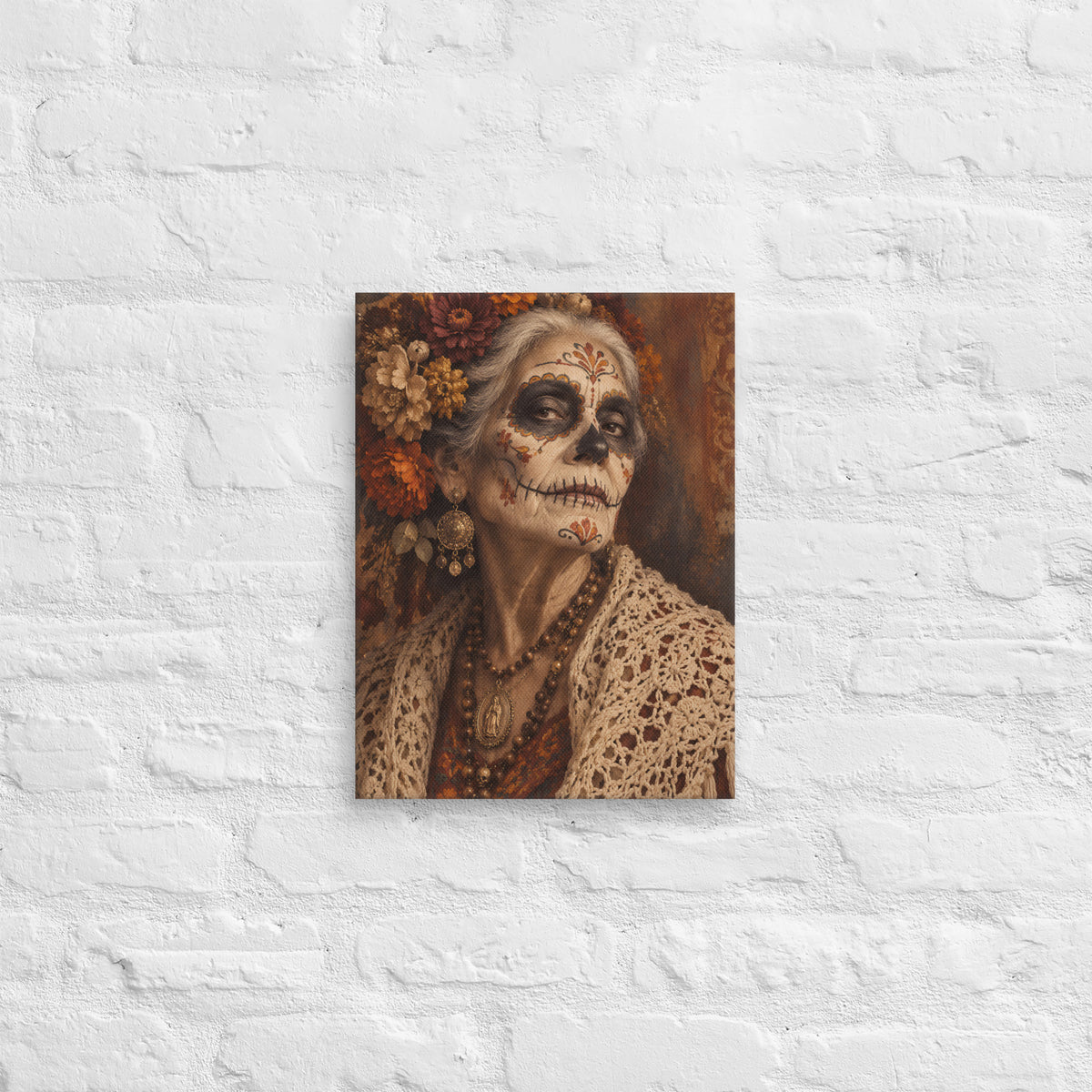 Lienzo decorativo vintage con retrato de mujer calavera sobre una pared de ladrillo blanco