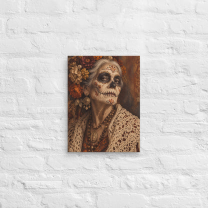 Lienzo decorativo vintage con retrato de mujer calavera sobre una pared de ladrillo blanco