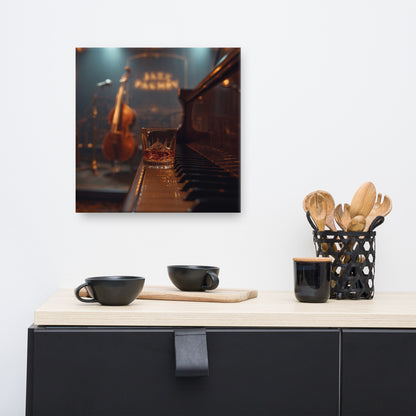 Lienzo cuadrado con escena de club de jazz sobre un mueble junto a objetos decorativos