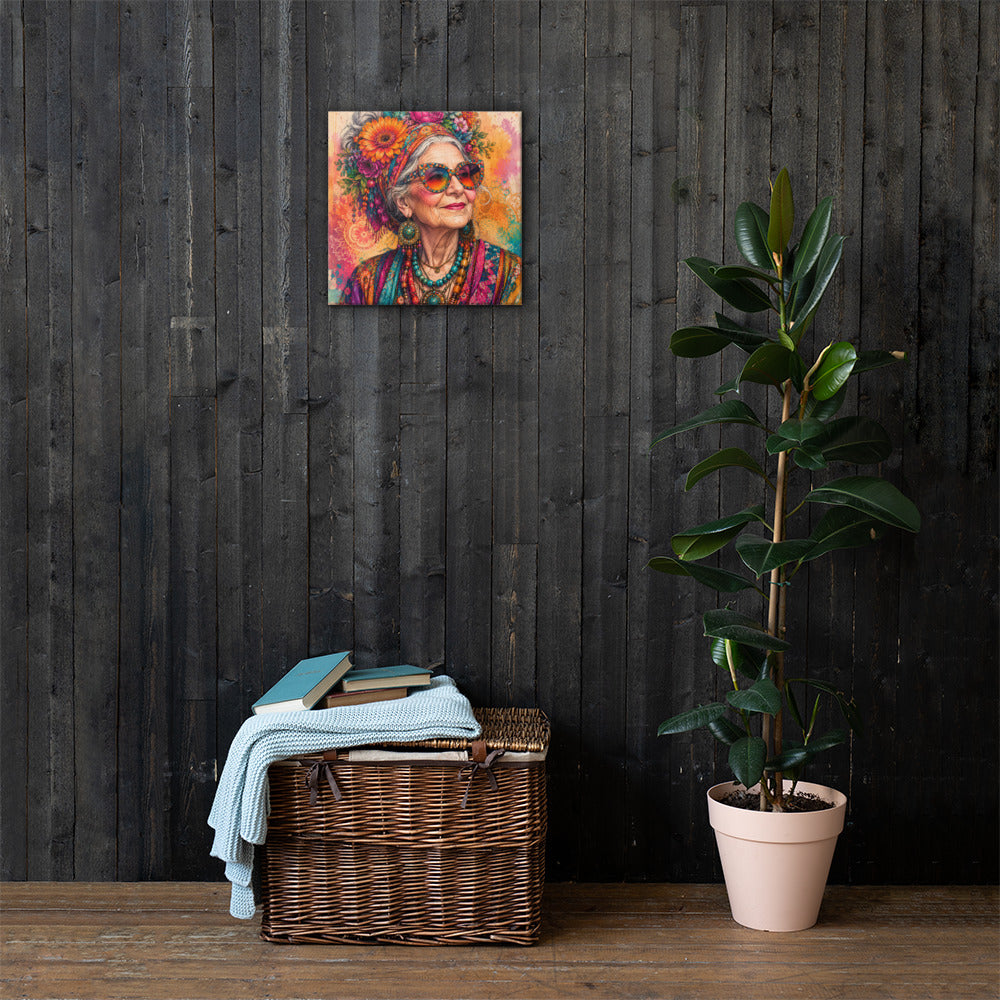 Lienzo cuadrado con retrato femenino boho y floral colocado en un interior junto a una planta