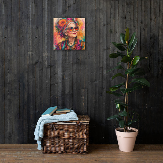Lienzo cuadrado con retrato femenino boho y floral colocado en un interior junto a una planta