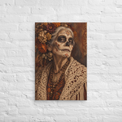 Lienzo vintage con retrato de mujer con maquillaje de calavera mexicana, flores otoñales y tonos tierra