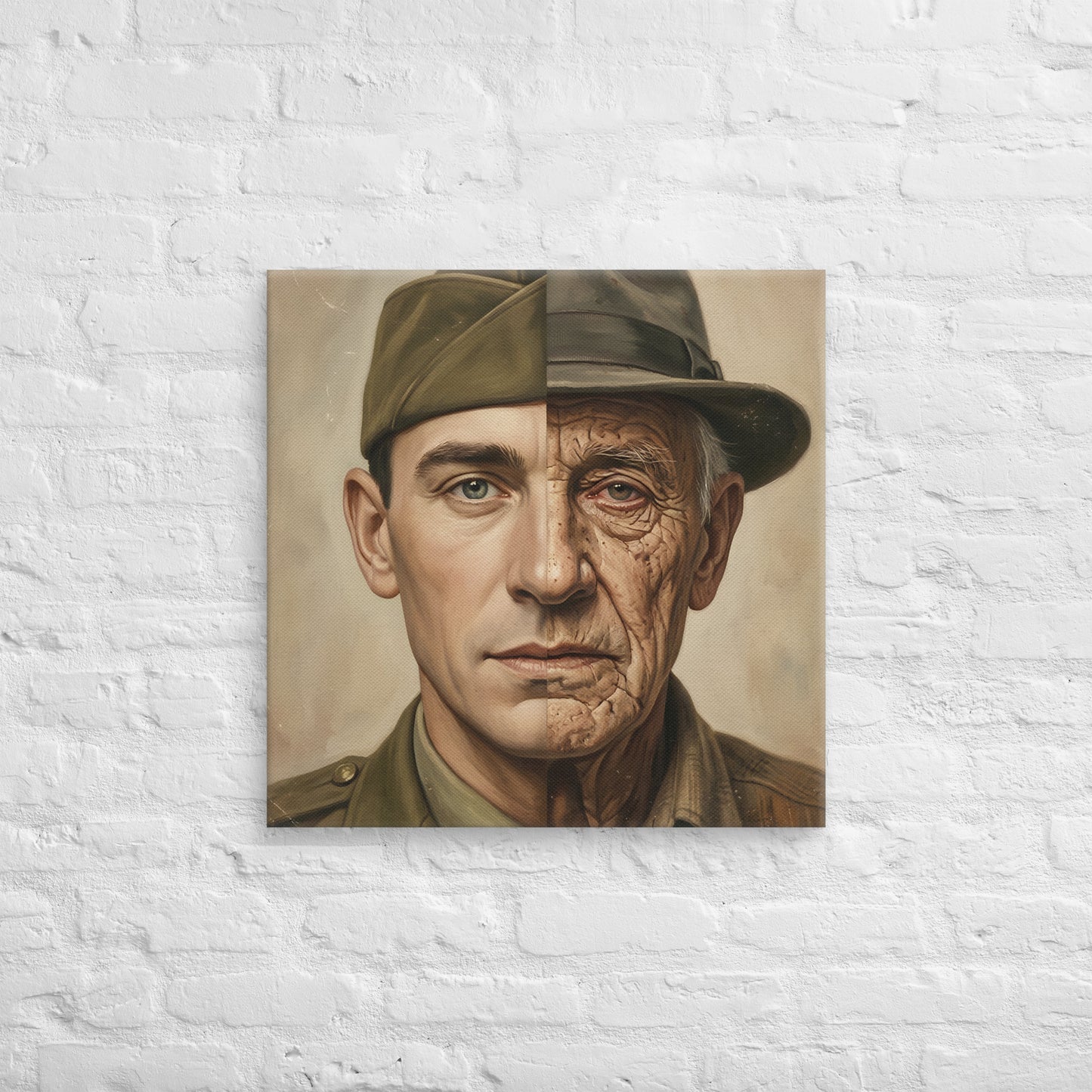 Lienzo cuadrado con retrato vintage de un militar representado entre juventud y vejez