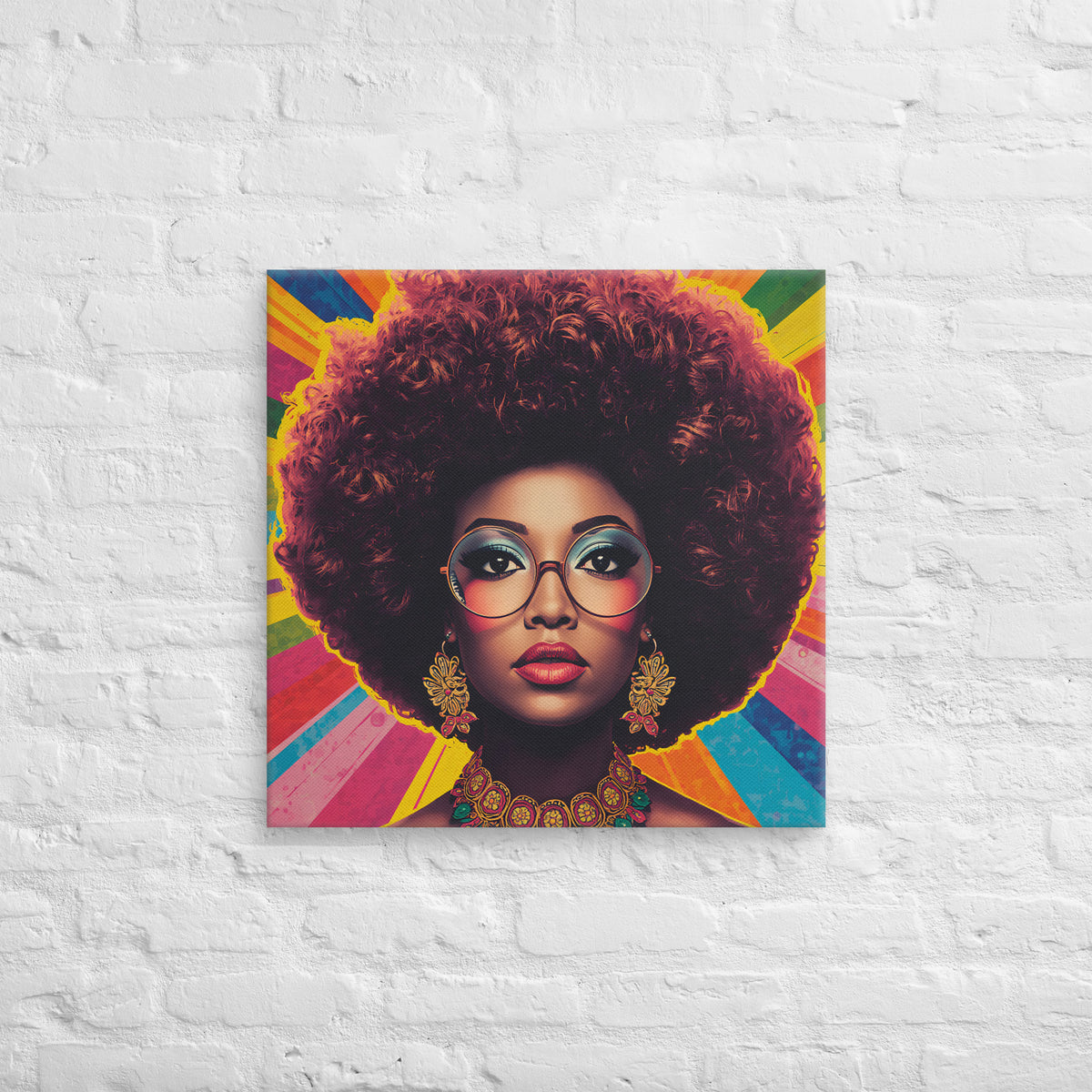 Lienzo cuadrado con retrato femenino de estética retro y fondo psicodélico multicolor