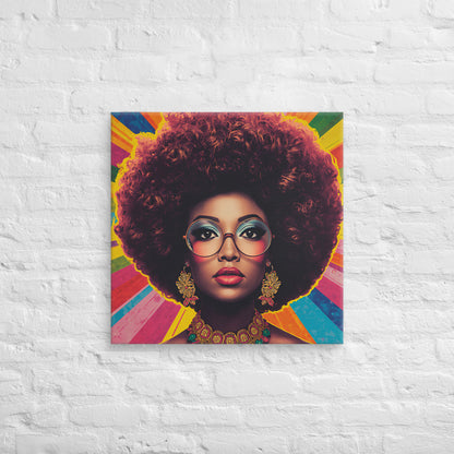 Lienzo cuadrado con retrato femenino de estética retro y fondo psicodélico multicolor