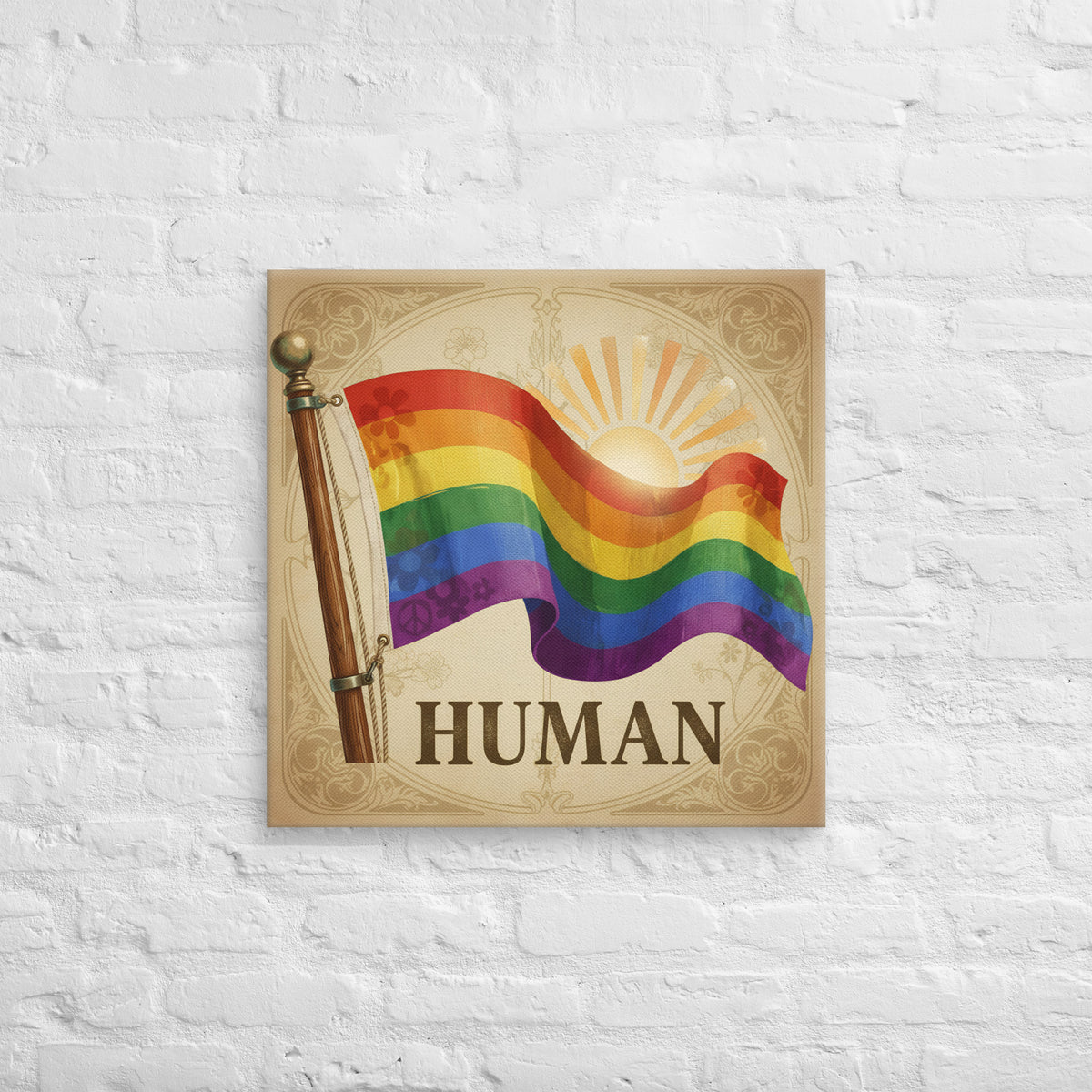 Lienzo cuadrado Pride vintage con bandera arcoíris y la palabra HUMAN