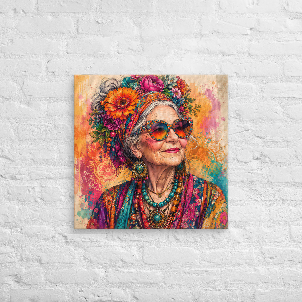 Lienzo cuadrado de mujer bohemia con flores y accesorios coloridos colocado sobre una pared blanca