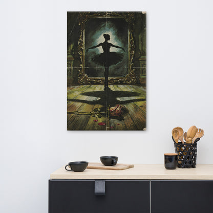 Lienzo vertical de terror vintage con bailarina y espejo antiguo colocado sobre un mueble