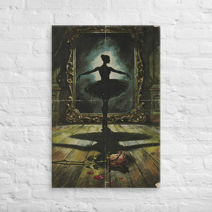 Lienzo vertical de terror gótico con silueta de bailarina frente a un antiguo espejo ornamentado