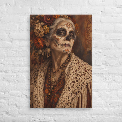 Lienzo vertical de mujer con maquillaje de calavera mexicana y corona de flores en tonos otoñales