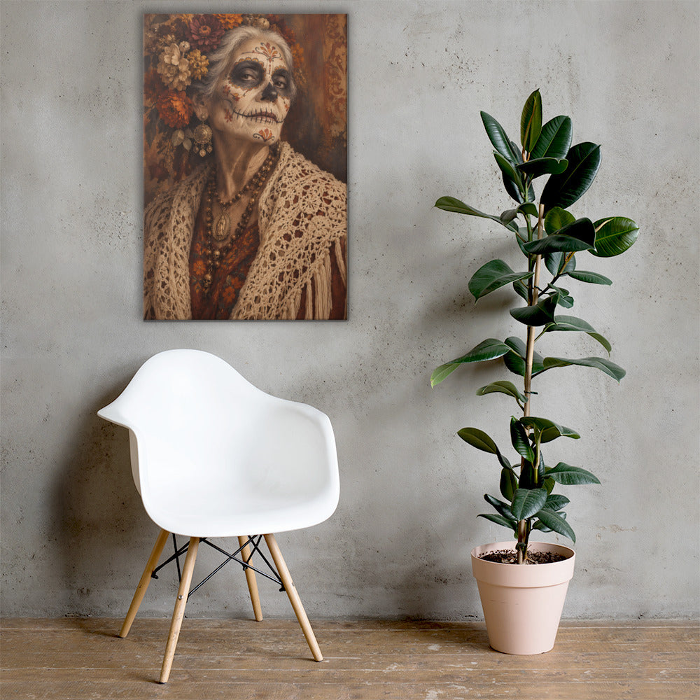 Lienzo de mujer calavera con flores otoñales colocado en una habitación de estilo vintage y bohemio