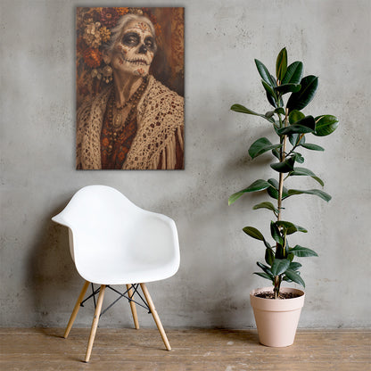 Lienzo de mujer calavera con flores otoñales colocado en una habitación de estilo vintage y bohemio