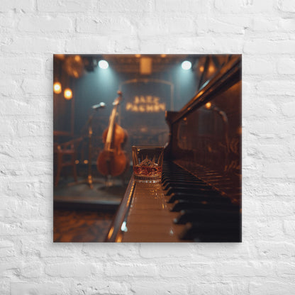 Lienzo cuadrado con escena vintage de club de jazz con piano, contrabajo y copa