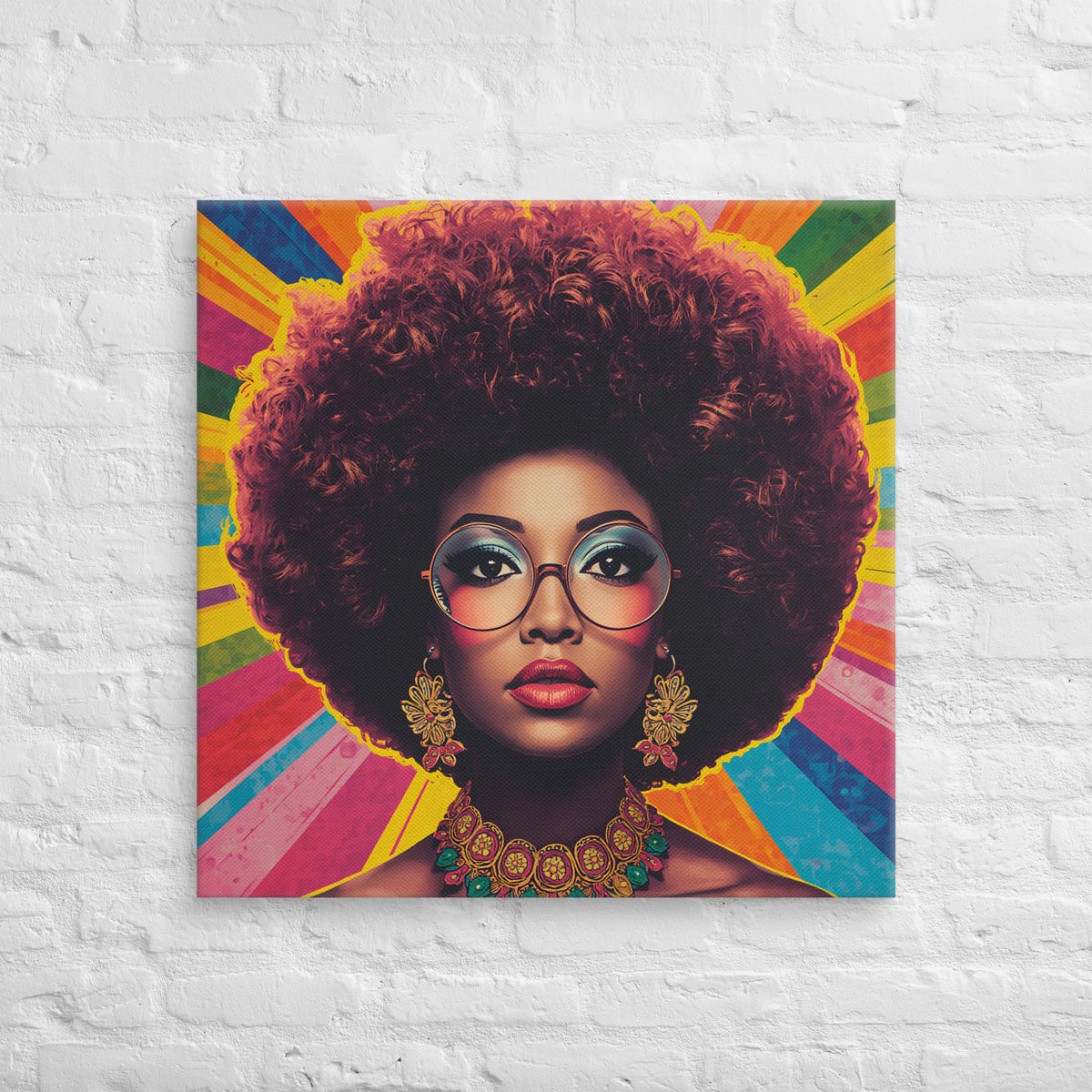 Lienzo cuadrado con retrato femenino vintage de cabello afro, gafas redondas y fondo radial de colores