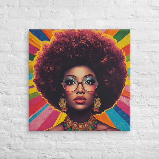 Lienzo cuadrado con retrato femenino vintage de cabello afro, gafas redondas y fondo radial de colores