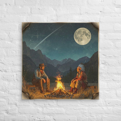 Lienzo cuadrado western vintage con un vaquero y una persona indígena junto a una hoguera bajo la luna