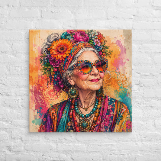 Lienzo cuadrado con retrato de mujer boho con flores, gafas de colores y joyas sobre fondo artístico
