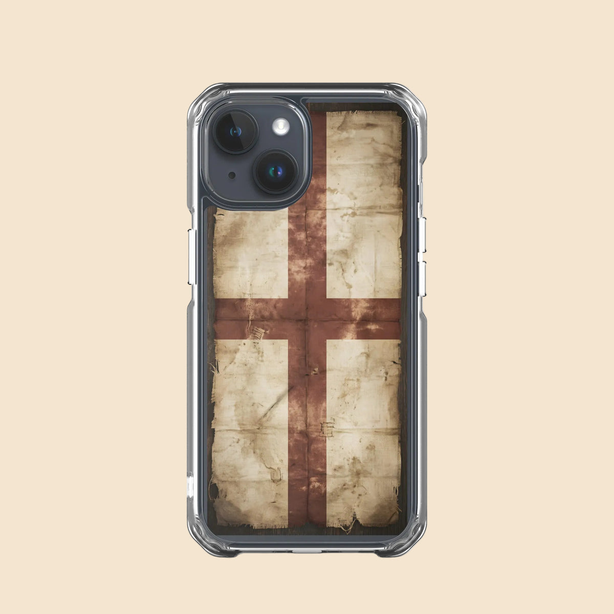 Funda transparente para iPhone con diseño vintage de la Cruz de San Jorge sobre bandera medieval envejecida