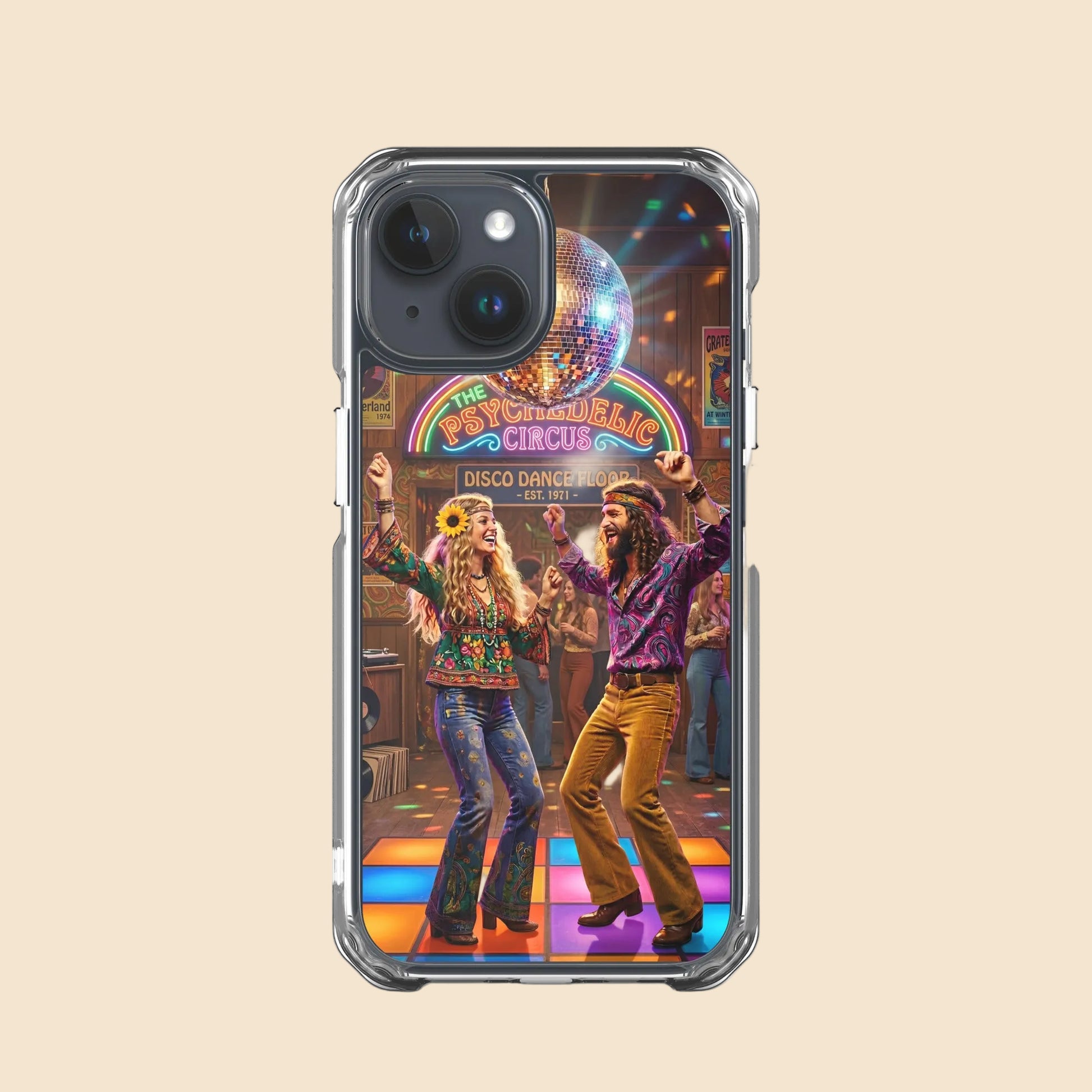 Funda transparente para iPhone con diseño disco vintage psicodélico inspirado en los años 70