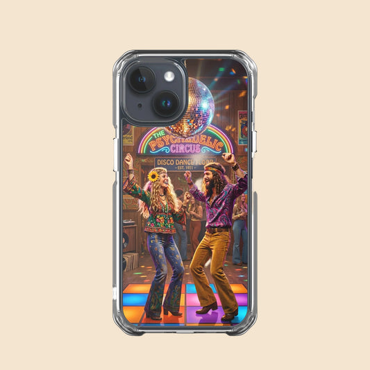 Funda transparente para iPhone con diseño disco vintage psicodélico inspirado en los años 70