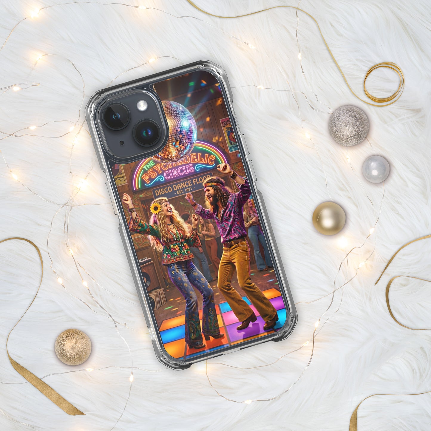 Funda transparente de iPhone con diseño de música disco vintage sobre una superficiecon elementos decorativos