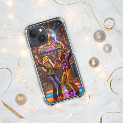 Funda transparente de iPhone con diseño de música disco vintage sobre una superficiecon elementos decorativos