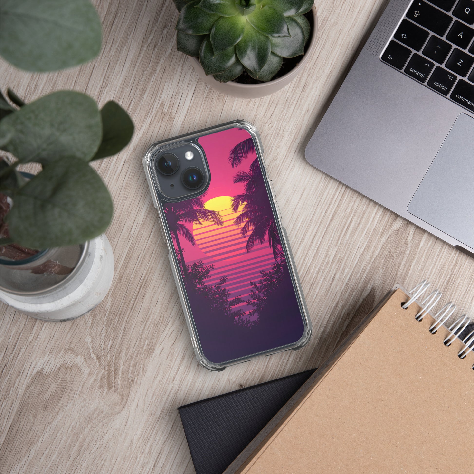Funda transparente de iPhone con paisaje tropical vintage y colores neón retro