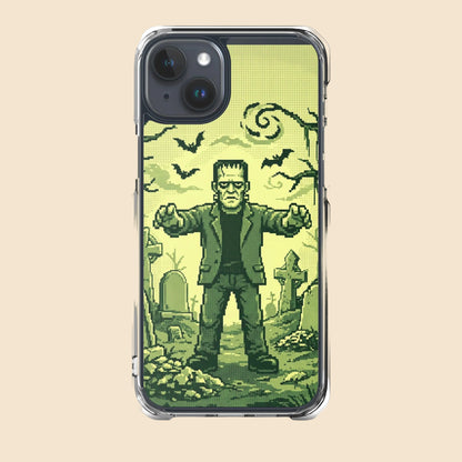 Funda transparente para iPhone® con ilustración de Frankenstein en pixel art retro, sobre fondo claro.