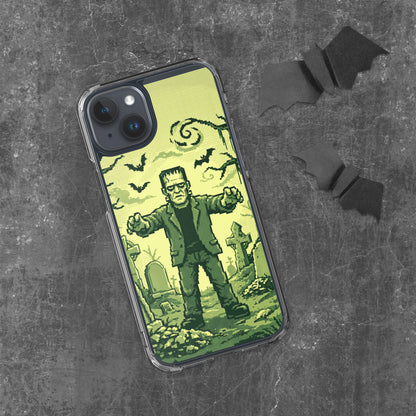 Funda transparente para iPhone® con ilustración retro de Frankenstein en tonos verdes, sobre una superficie oscura.