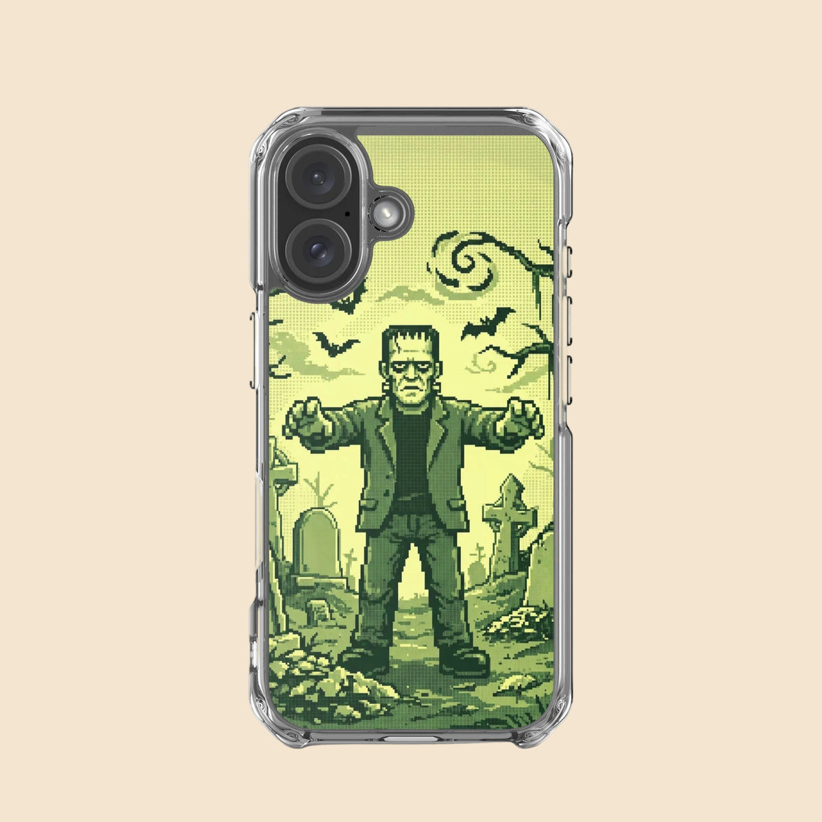 Funda transparente para iPhone® con Frankenstein en tonos verdes, mostrada en primer plano.