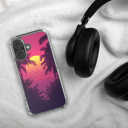 Funda de iPhone con ilustración de puesta de sol retro estilo años 80 junto a accesorios musicales
