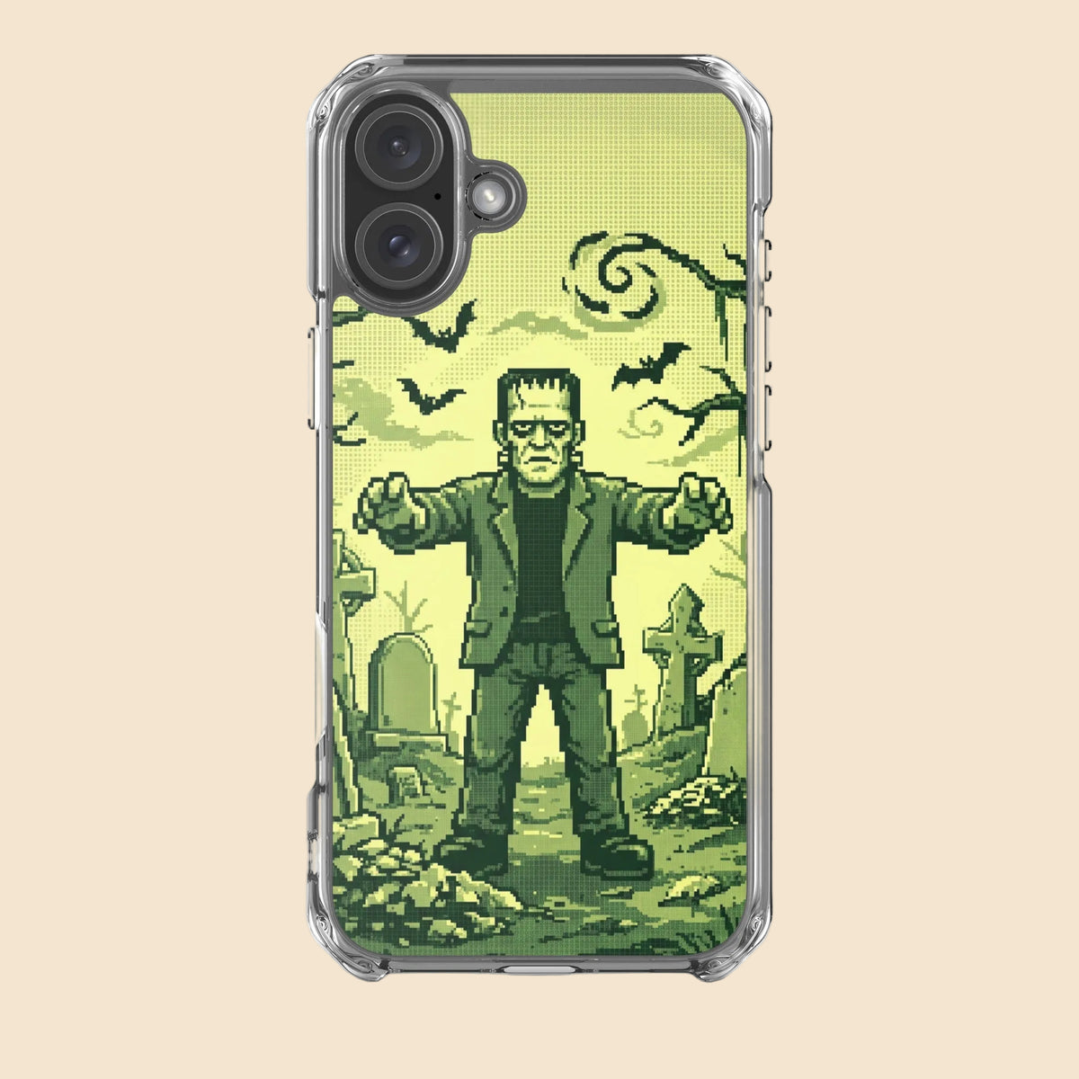 Vista trasera de funda transparente para iPhone® con Frankenstein en pixel art sobre un cementerio.