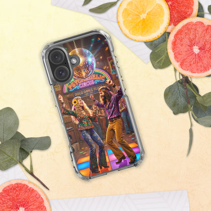 Funda transparente de iPhone con diseño de música disco vintage sobre una superficie decorativa