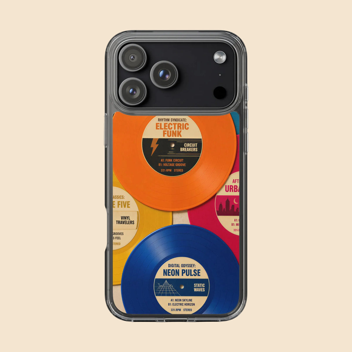 Parte trasera de una funda transparente de iPhone con ilustración de discos de vinilo vintage