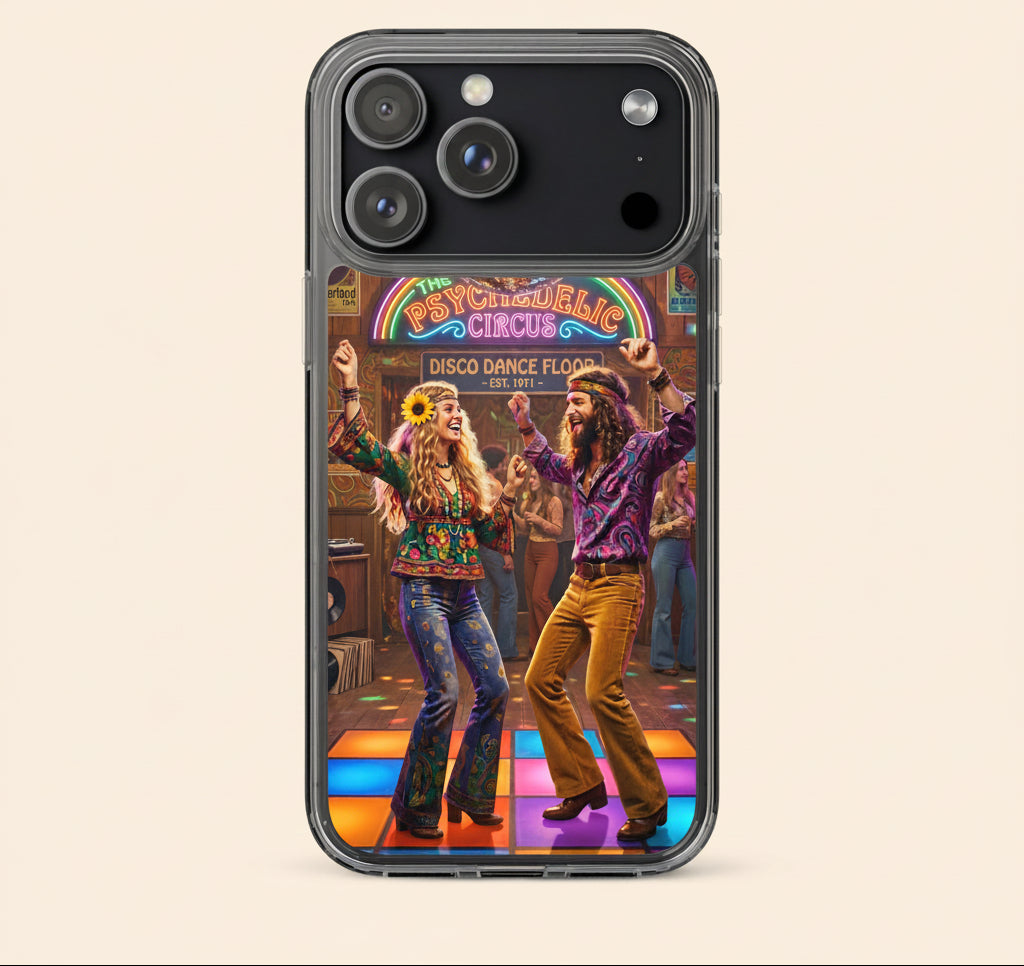 Funda de iPhone con ilustración retro de pista de baile disco con luces de neón