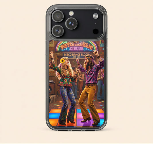 Funda de iPhone con ilustración retro de pista de baile disco con luces de neón
